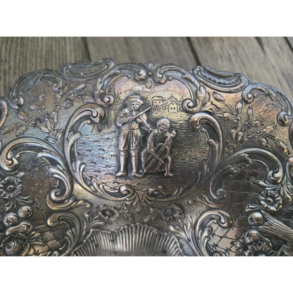 Antique Silver on Copper Dutch Revival Repousse People Tavern Courtyard Bowl